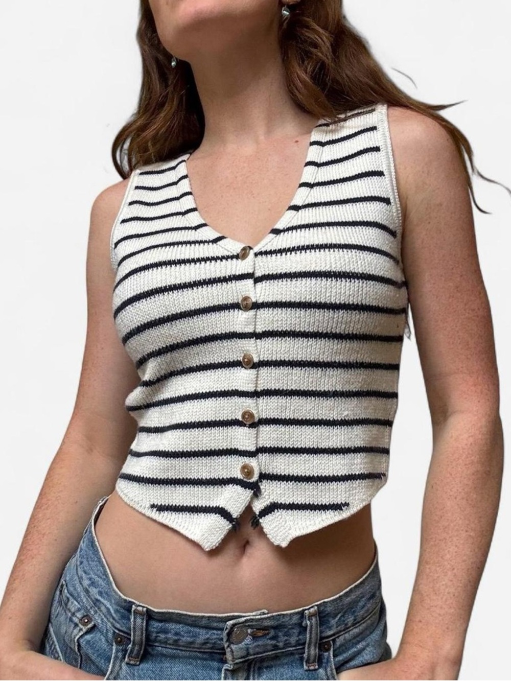 Sincerly Jules navy & White Striped Button-Front Tank